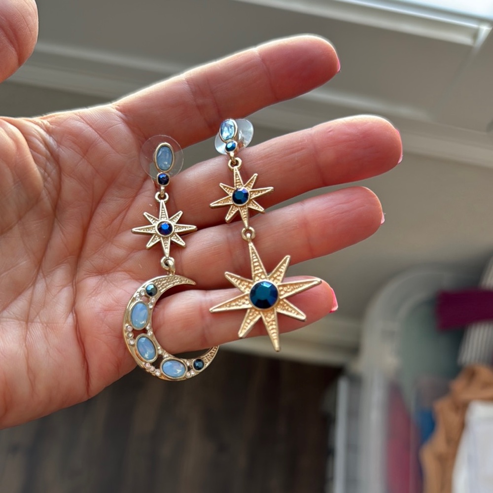 Gold and Blue Star and Moon Earrings